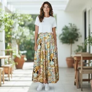 VTG Royal Silk Tropical Forest Toucan Birds Pastel Drawstring Maxi Skirt Medium